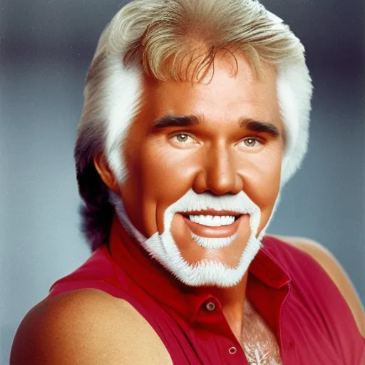 A person with styled white hair and beard, wearing a red sleeveless shirt, smiles against a blue background.
